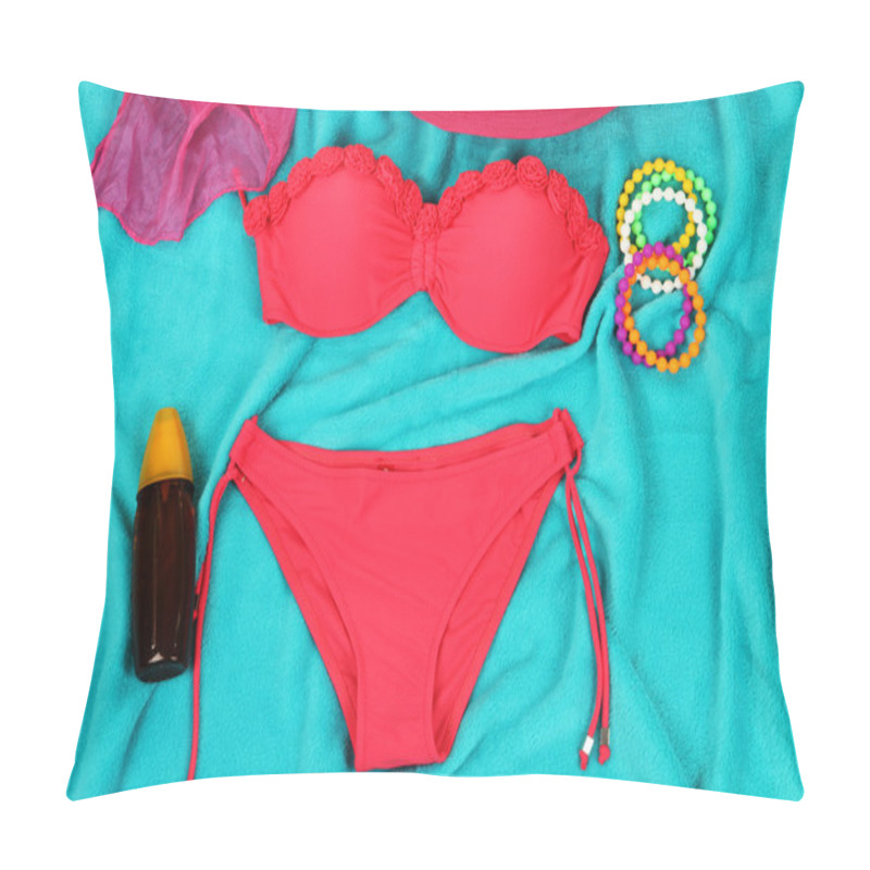 Personality  Swimsuit And Beach Items On Bright Blue Background Pillow Covers