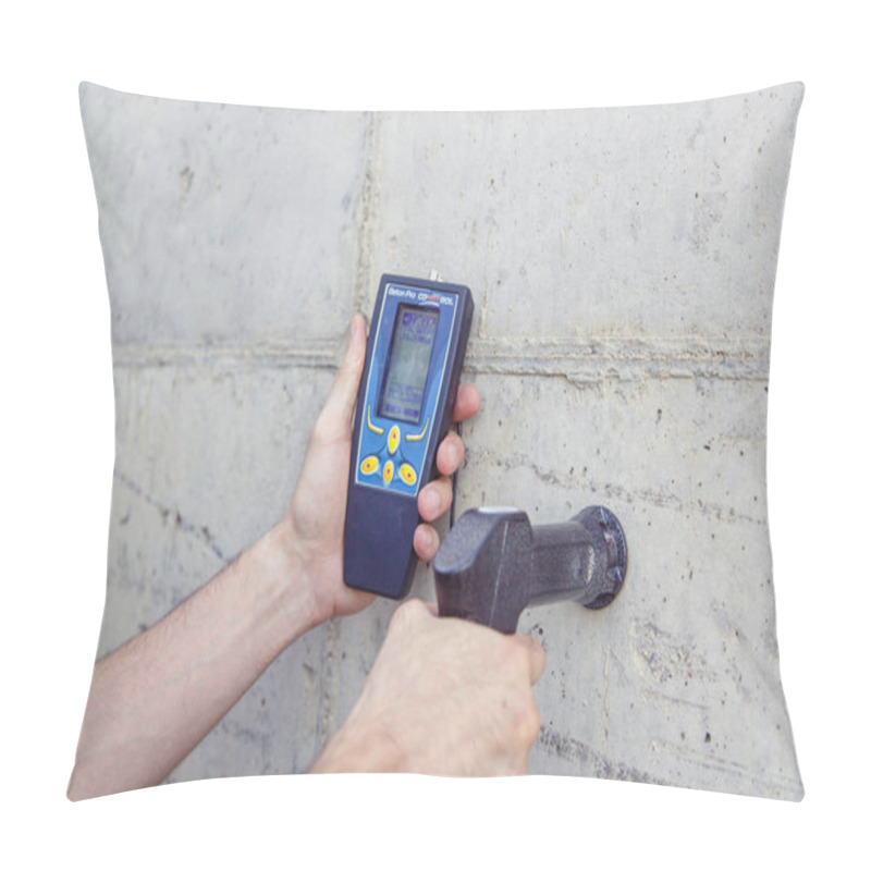 Personality  A Person Examines The Concrete And Determines The Properties, Density And Quality Of The Finished Concrete With A Special Device.  Pillow Covers