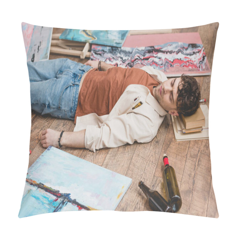 Personality  Exhausted Artist Lying On Wooden Floor, Surrounded With Paintings, Draw Utensils And Empty Bottles Pillow Covers