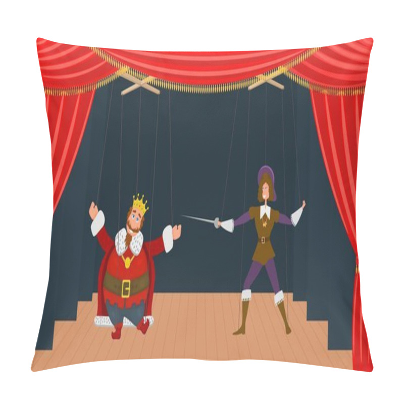 Personality  Children's Puppet Theater With Two Dolls On Threads. Puppet Theater With Red Scenes, Two Marionette In Costumes Of The King And Prince.  Kid's Entertainment And Leisure Pillow Covers