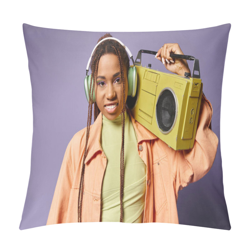 Personality  Happy African American Woman In Wireless Headphones Standing With Retro Boombox On Purple Backdrop Pillow Covers