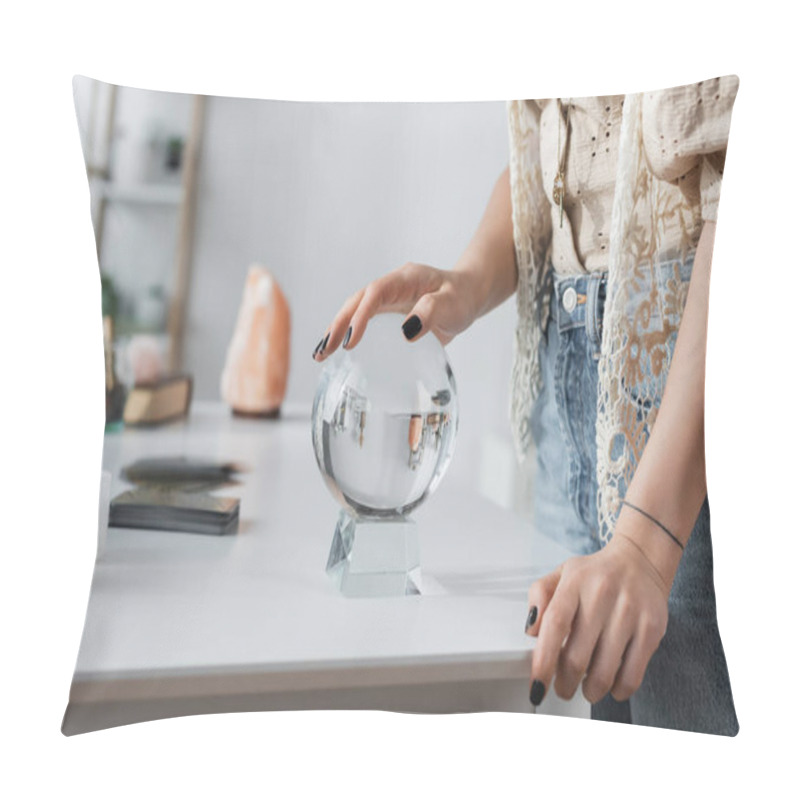 Personality  Cropped View Of Soothsayer Touching Orb Near Candles On Table  Pillow Covers