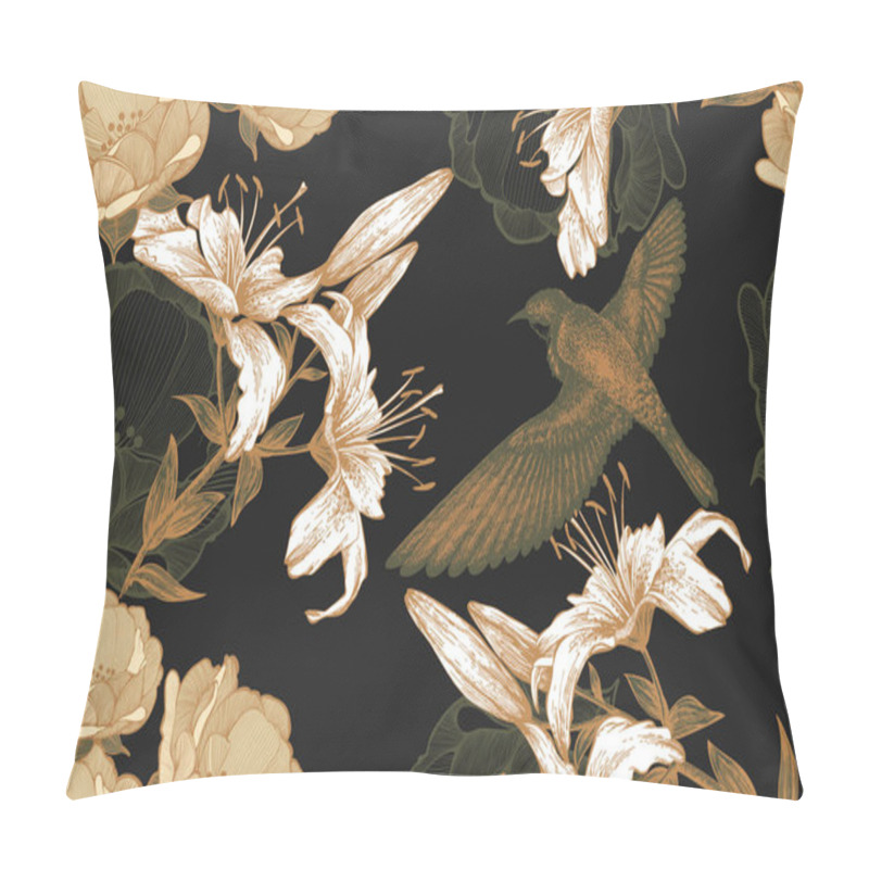 Personality  Bird On A Black Floral Background Of Lilies And Roses. Seamless  Pillow Covers