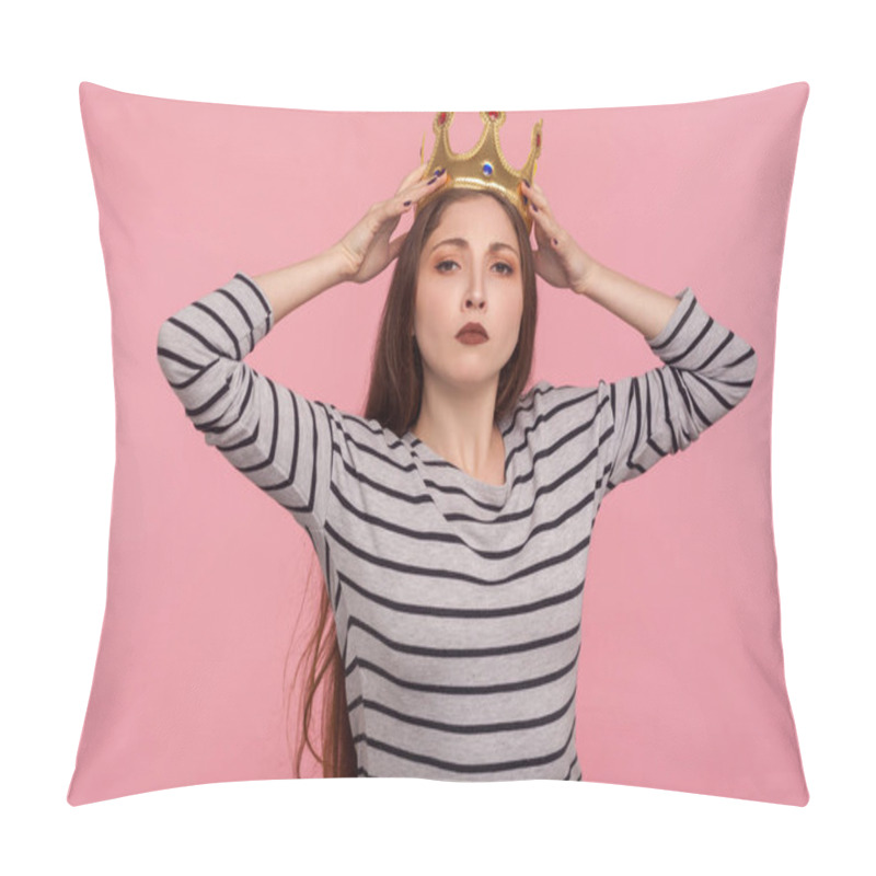 Personality  I'm Leader! Portrait Of Ambitious Successful Woman Adjusting Golden Crown On Head And Looking With Arrogance, Declaring Her Authority, Superiority. Indoor Studio Shot Isolated On Pink Background Pillow Covers