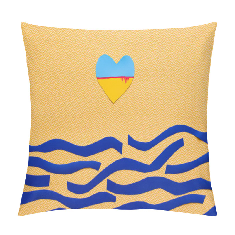 Personality  Top View Of Ukrainian Flag With Blood In Heart Shape Above Paper Sea On Textured Yellow Background  Pillow Covers