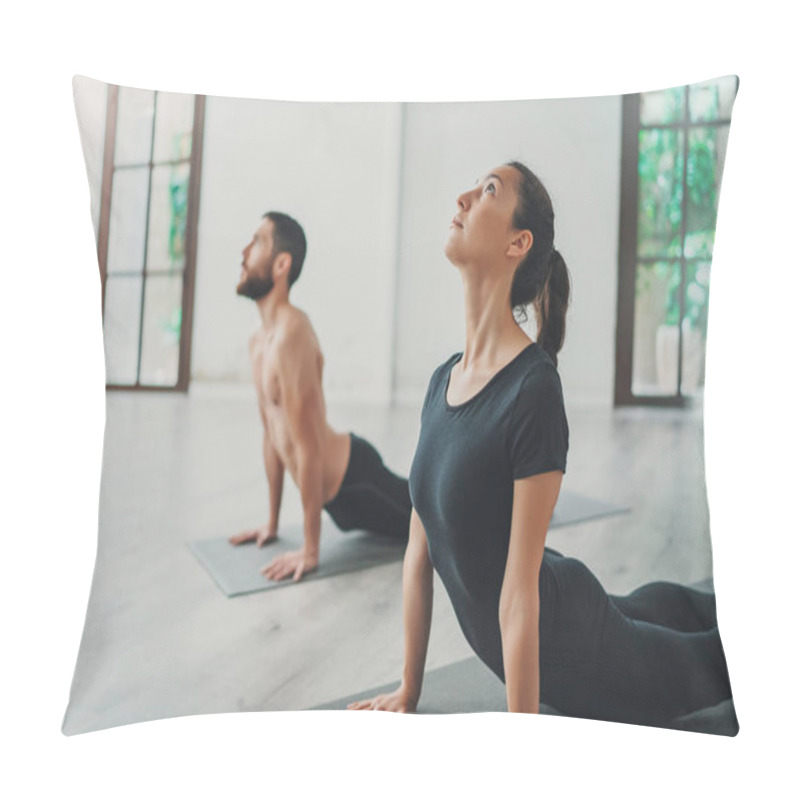 Personality  Young Sportive Man And Woman Are Practicing Yoga Exercises In The Studio. Couple Of Young Sporty People Practicing Yoga Lesson With Partner Pillow Covers