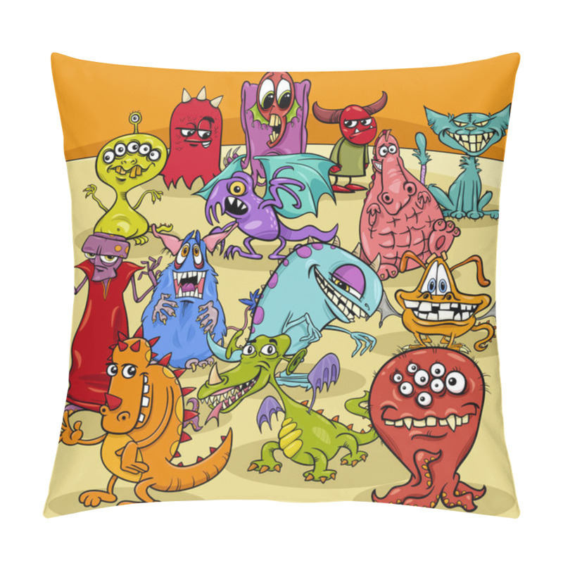 Personality  Cartoon Illustration Of Funny Monsters Fantasy Characters Group Pillow Covers