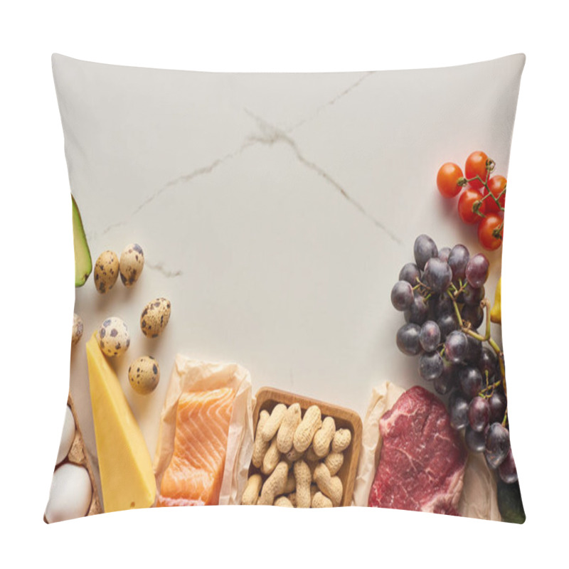 Personality  Top View Of Raw Meat And Fish With Eggs, Avocado, Lemon, Cheese, Branch Of Tomatoes, Grapes And Peanuts Pillow Covers