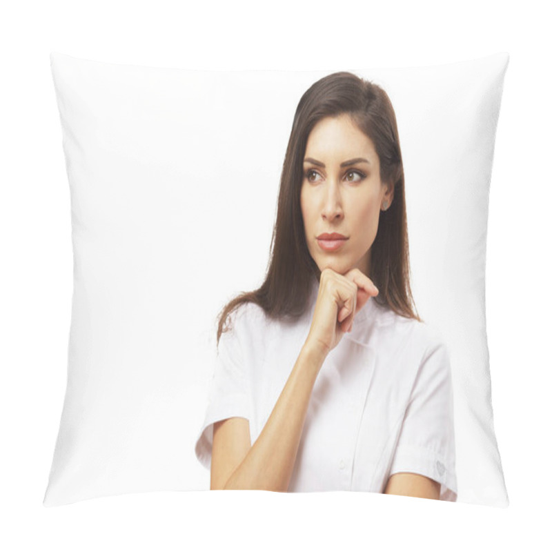 Personality  Woman Thinking Hard And Looking To Empty Space Pillow Covers