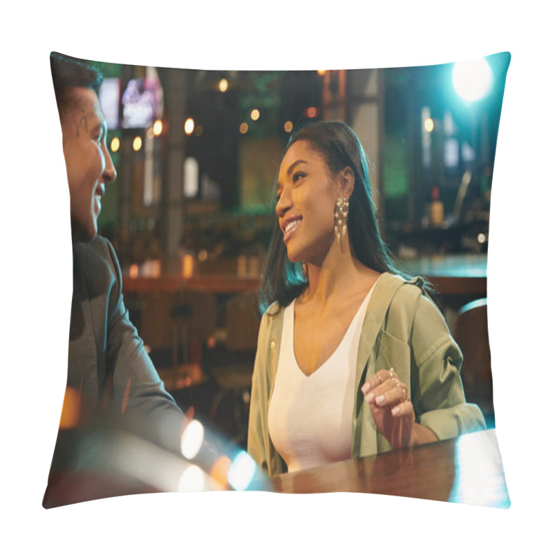 Personality  A Vibrant Young Couple Enjoying Their Evening Out, Exchanging Smiles And Laughter At A Bar. Pillow Covers