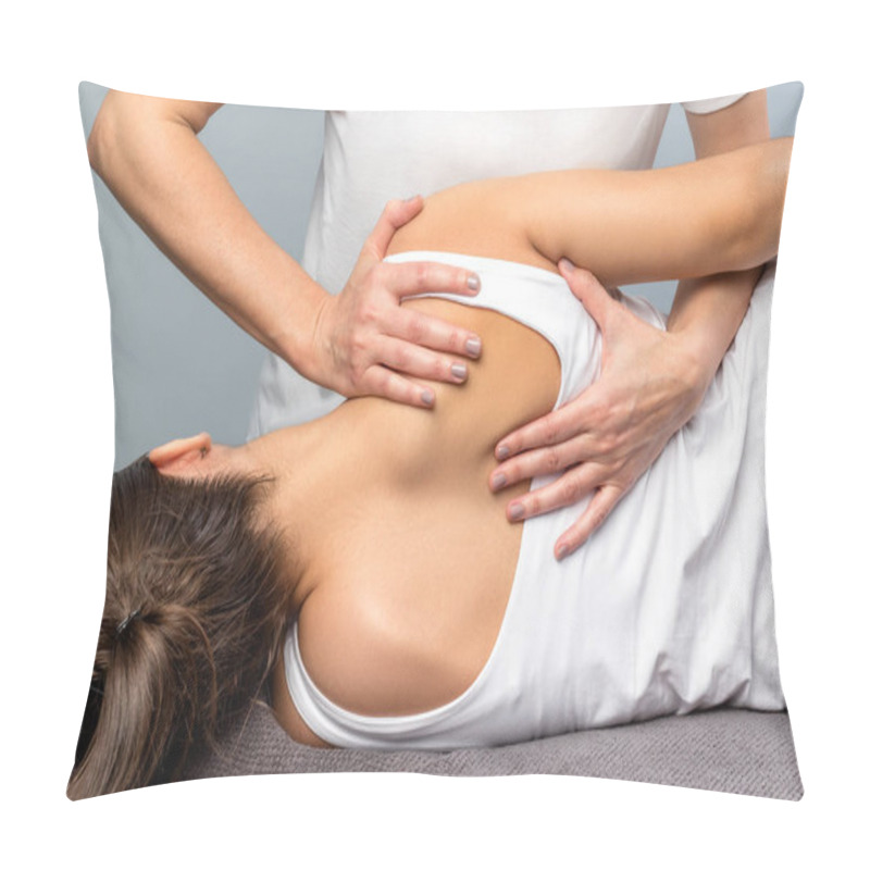 Personality  Detail Of Female Therapist Manipulating Shoulder Blade On Patien Pillow Covers