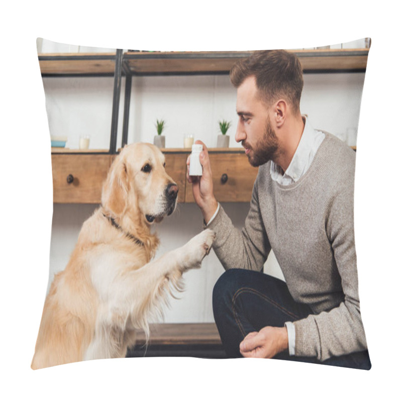 Personality  Side View Of Man Training Golden Retriever And Holding Jar With Vitamins At Home Pillow Covers