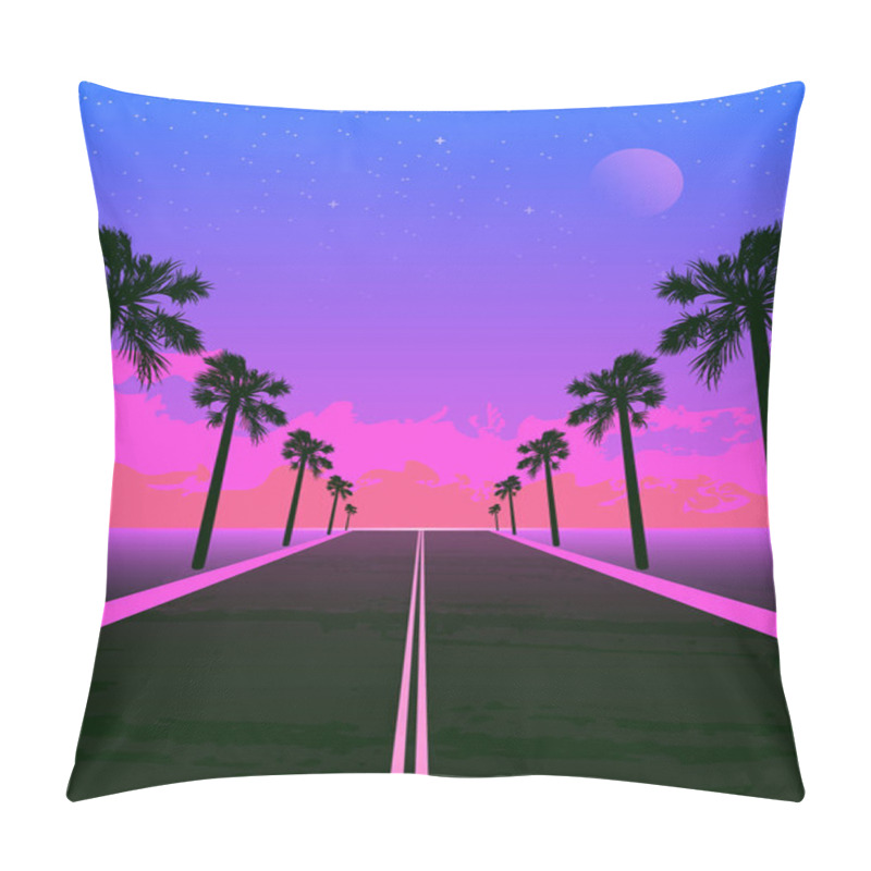 Personality  Synthwave Poster With Dream Road And Palms. Pink Sunset. Pillow Covers