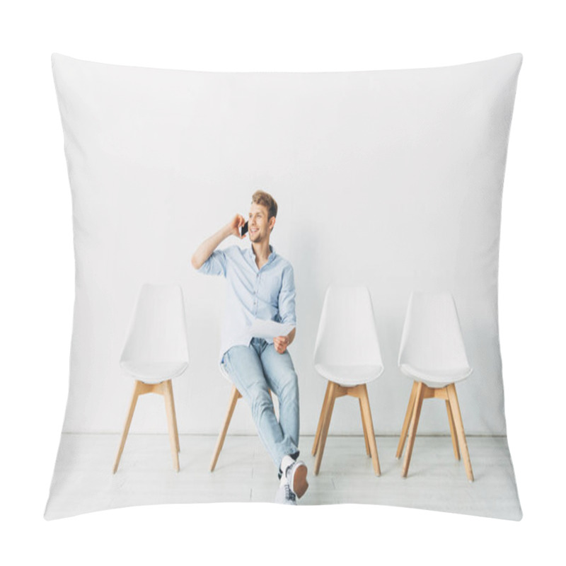 Personality  Smiling Man Talking On Smartphone And Holding Resume In Office  Pillow Covers