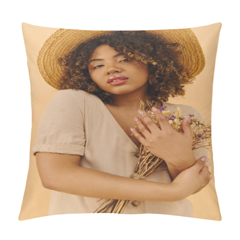 Personality  A Beautiful Young African American Woman With Curly Hair Wearing A Straw Hat, Holding A Bunch Of Colorful Flowers. Pillow Covers