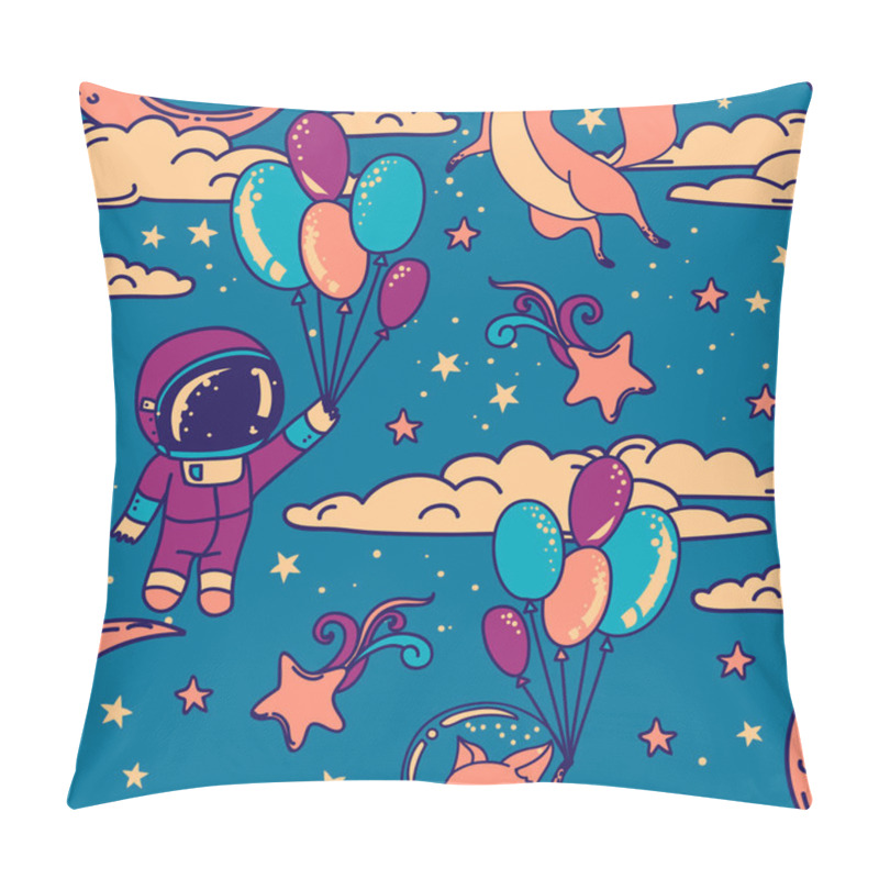 Personality  Cute Seamless Pattern With Doodle Fox And Boy-astronaut On Balloons Flying In Starry Sky Pillow Covers