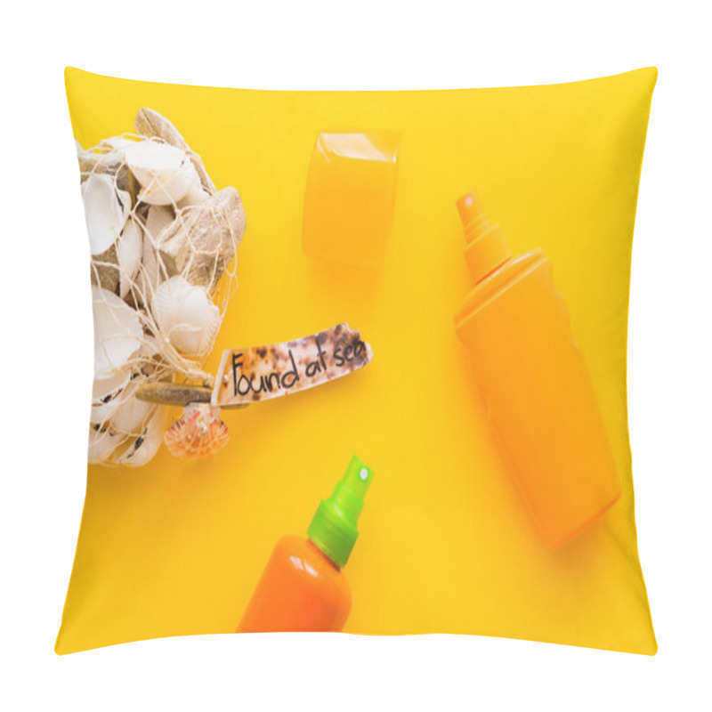 Personality  Top View Of Seashells With Found At Sea Lettering Near Sunscreens On Yellow Background  Pillow Covers