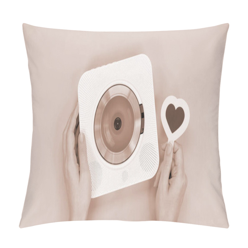 Personality  Hands Holding White Cd Player And Heart Shape Gift Card On Brown Background. Colour Of The Year Mocha Mousse. Love Music, Valentine Day, Greeting Pillow Covers