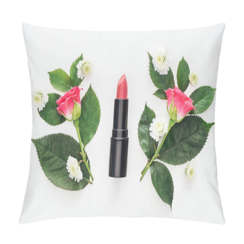 Personality  Top View Of Lipstick Between Boutonnieres Isolated On White Pillow Covers