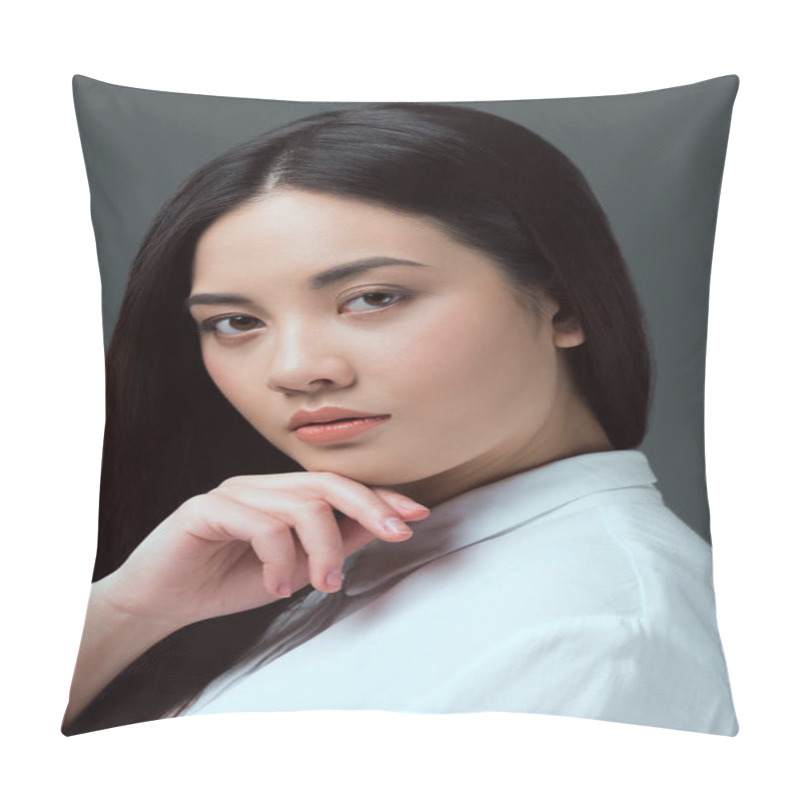 Personality  Portrait Of Beautiful Young Asian Woman Looking At Camera Isolated On Grey  Pillow Covers