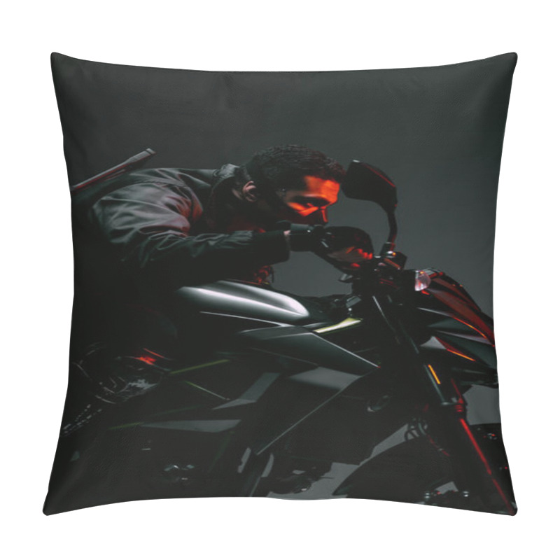 Personality  Side View Of Armed Bi-racial Cyberpunk Player In Mask Riding Motorcycle On Grey  Pillow Covers