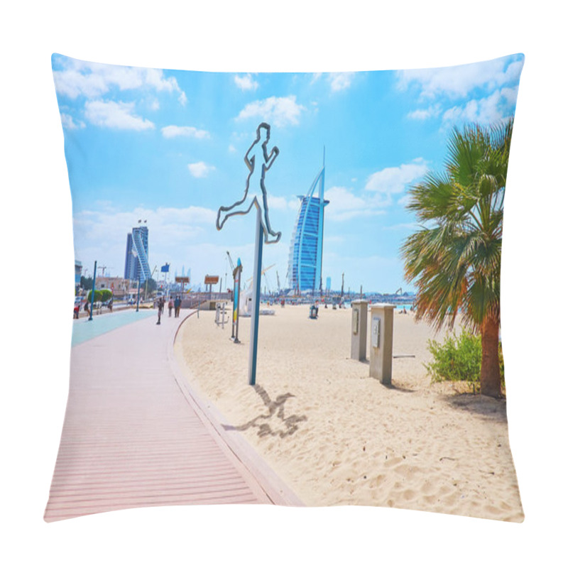 Personality  The Jogging Alley Along The Sand Jumeirah Beach With A Modern Jogger Installation And Burj Al Arab In The Background, Dubai, UAE Pillow Covers