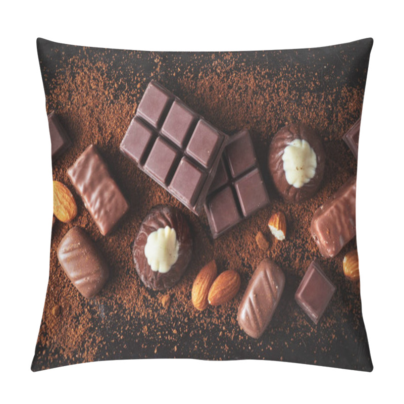 Personality  Various Chocolate Candies Closeup On A Black Wooden Table In The Dark Pillow Covers