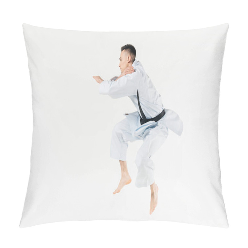 Personality  Side View Of Male Karate Fighter Jumping Isolated On White Pillow Covers