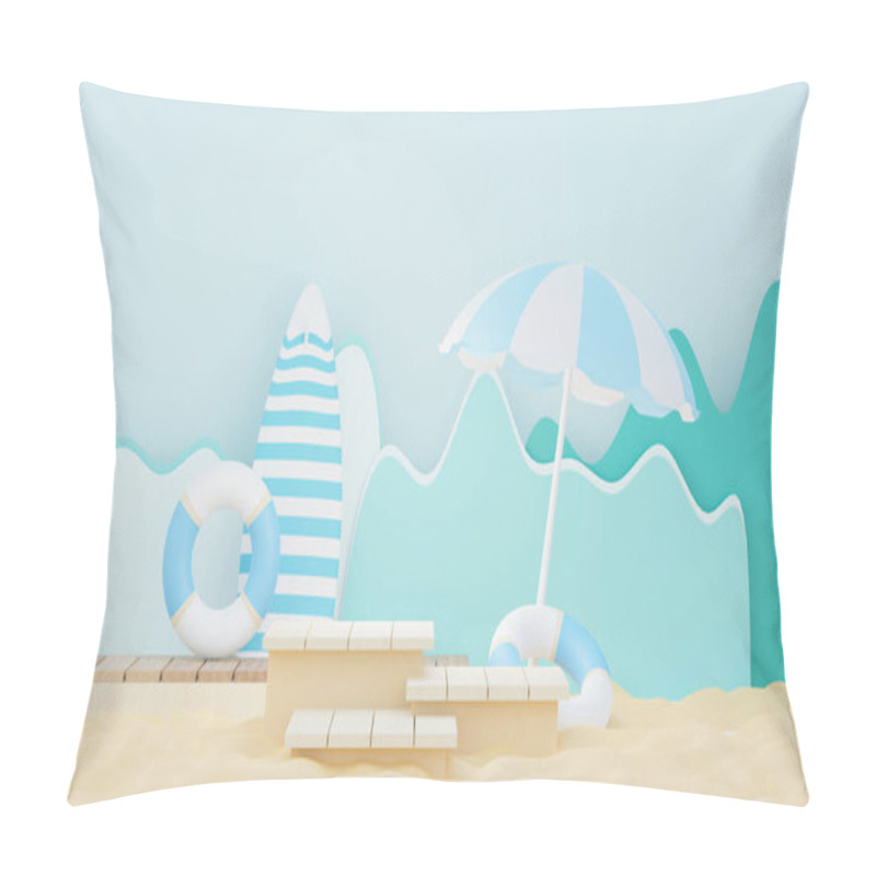 Personality  3d Render Summer Sale Podium Stand For Showing Product. Beach Vacations Scene In Summer For Mock Up. Pillow Covers