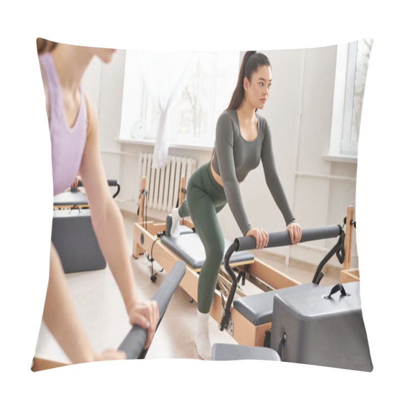 Personality  Two Women Engaging In A Fitness Routine With Exercise Equipment In A Vibrant Room. Pillow Covers