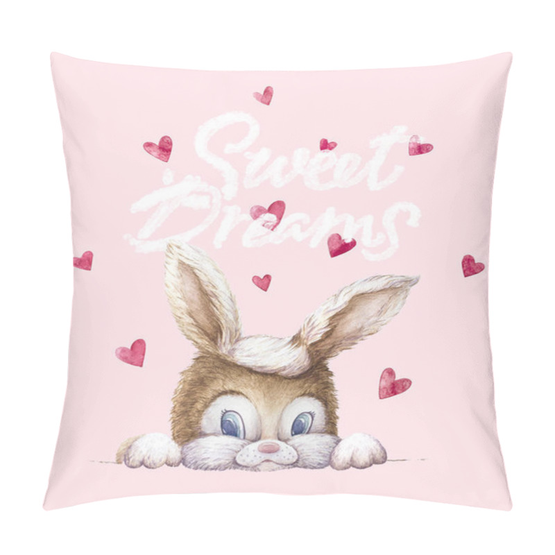 Personality  Cute Bunny. Kids Personage. Hearts Flying. Sweet Dreams. Light Pink Background. Newborn Art Gift. Nursery Wall Art. Kids Illustrations. Pillow Covers