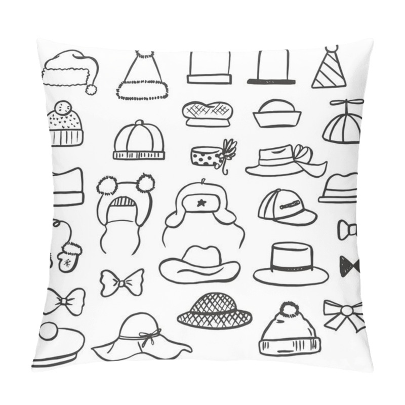 Personality  Vector Set Of Illustrations Of Different Black And White Hats (children's, Winter, Summer, Christmas, Festive), Bows, Mittens And Another Sketch Hand Drawn Accessories Drawn With Pen And Brush Pillow Covers