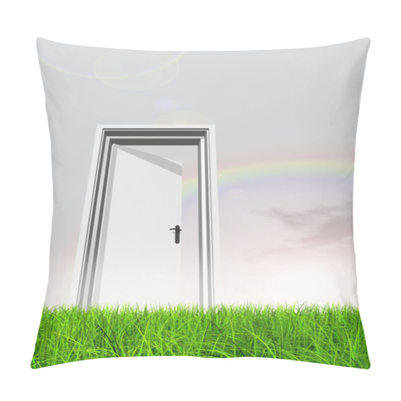 Personality  High Resolution Green, Fresh And Natural 3d Conceptual Grass Over A Blue Sky Background, A Opened Door At Horizon Pillow Covers