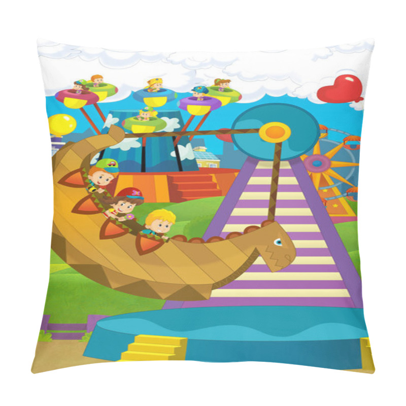 Personality  Cartoon Scene With Kids Playing In The Funfair  Pillow Covers