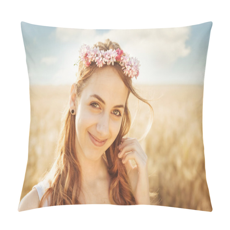 Personality  Beautiful Girl On The Field In Sun Light. Pillow Covers