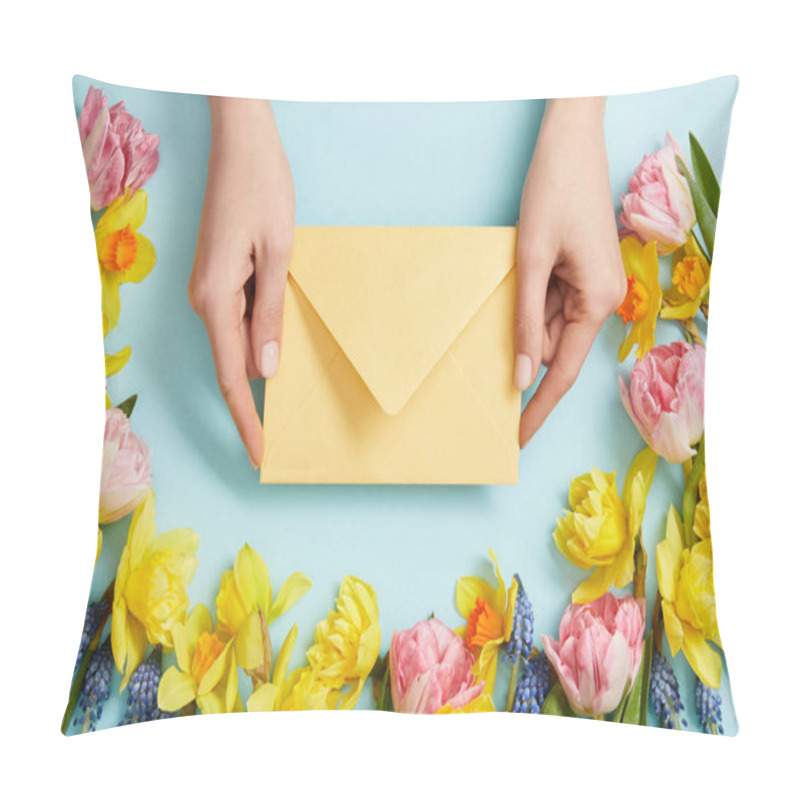 Personality  Partial View Of Female Hands With Yellow Envelope, Pink Tulips, Yellow Daffodils And Blue Hyacinths On Blue  Pillow Covers