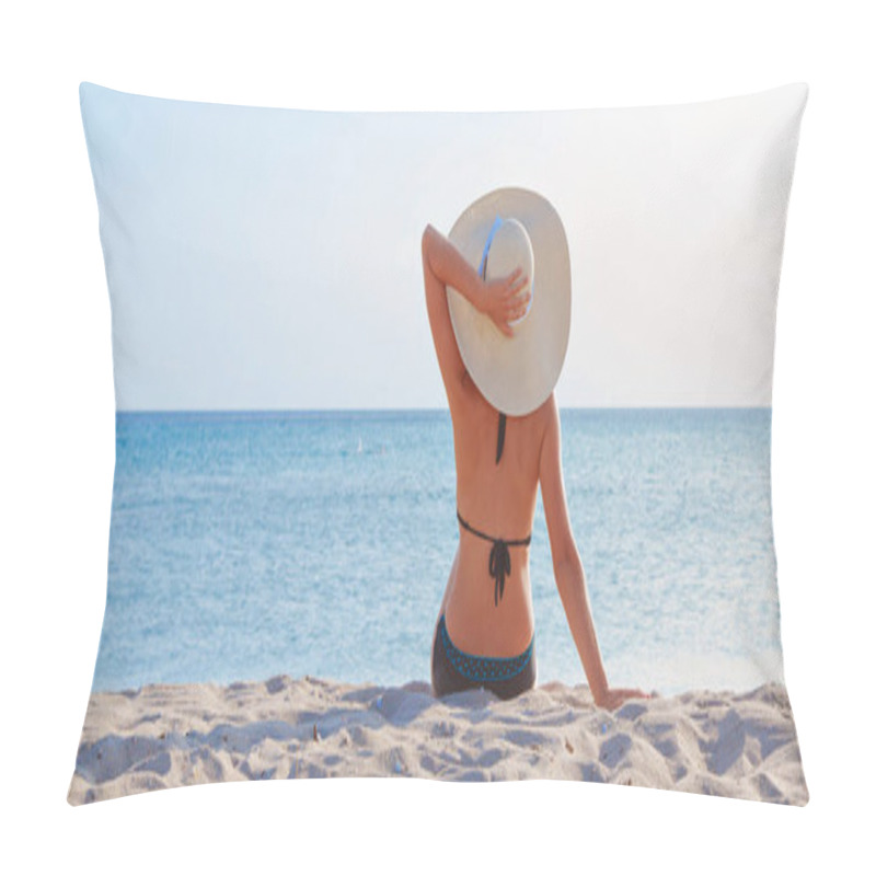 Personality  Journey To The Sea. Girl In A Bathing Suit And Hat Sunbathing On The Beach. Tourist Sitting On The Sand. Leisure Wear. Copy Space Pillow Covers