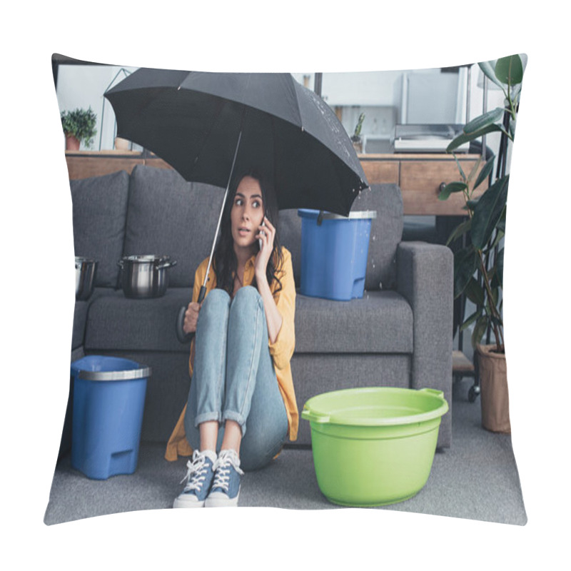 Personality  Girl In Jeans Sitting In Living Room With Umbrella And Talking On Smartphone Pillow Covers