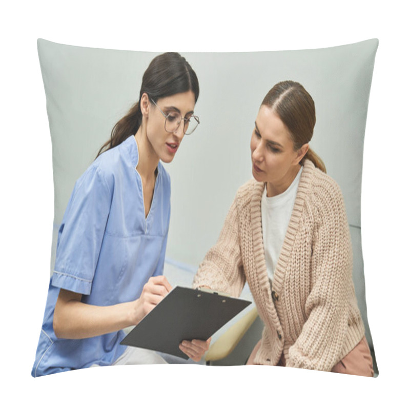 Personality  A Healthcare Professional Discusses Diagnostic Results With A Female Patient In A Clinic. Pillow Covers