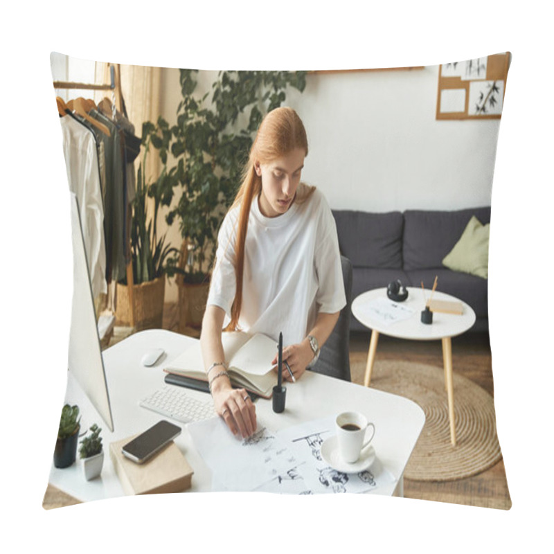 Personality  The Young Man Focuses Intently While Drawing Detailed Sketches On Crisp Paper In A Relaxed Setting. Pillow Covers