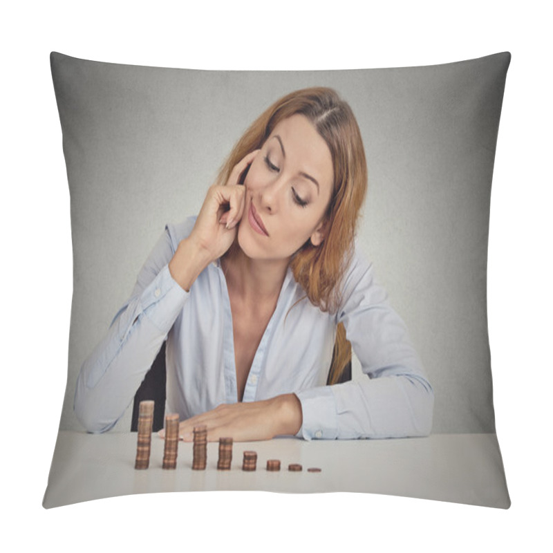 Personality  Business Woman Corporate Executive Sitting At Table With Growing Stack Of Coins Pillow Covers