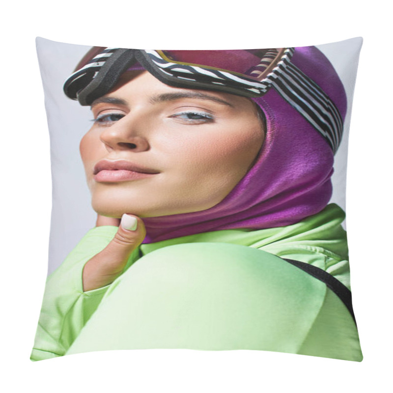 Personality  Close Up Portrait Of Woman In Winter Ski Clothes With Balaclava On Head Looking At Camera On Grey Pillow Covers