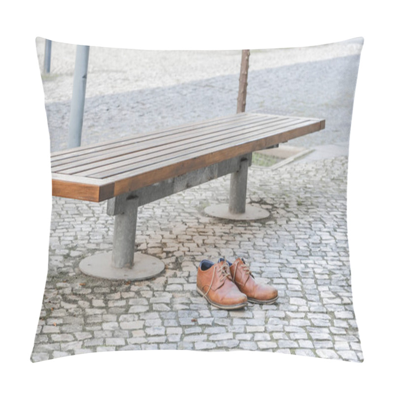 Personality  Brown Leather Shoes On A Cobblestone Pavement Next To A Bench In An Urban Setting. Pillow Covers