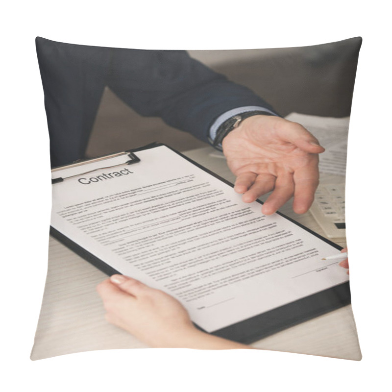 Personality  Cropped View Of Agent Pointing With Hand At Clipboard With Contract Lettering Near Woman With Pen  Pillow Covers