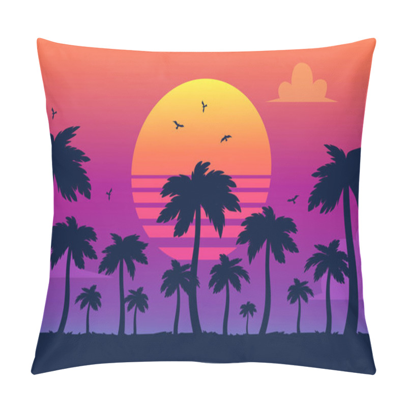 Personality  Vector Purple Sunset On Palm Icons Backdrop Pillow Covers