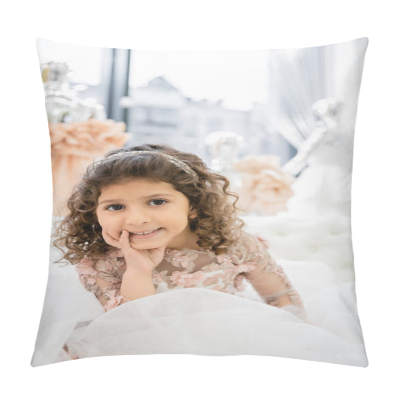 Personality  Cheerful Middle Eastern Girl With Curly Hair Posing In Floral Dress With Tulle Skirt And Sitting On White Couch Inside Of Luxurious Wedding Salon, Smiling Kid, Blurred Background  Pillow Covers