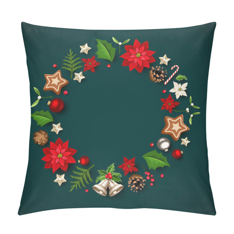 Personality  Christmas Card With Poinsettia Flowers, Christmas Balls, Bells, Holly, Mistletoe, Fir Branches, Pine Cones, Stars, And Cookies On A Dark Turquoise Background. Greeting Or Invitation Card Design Pillow Covers