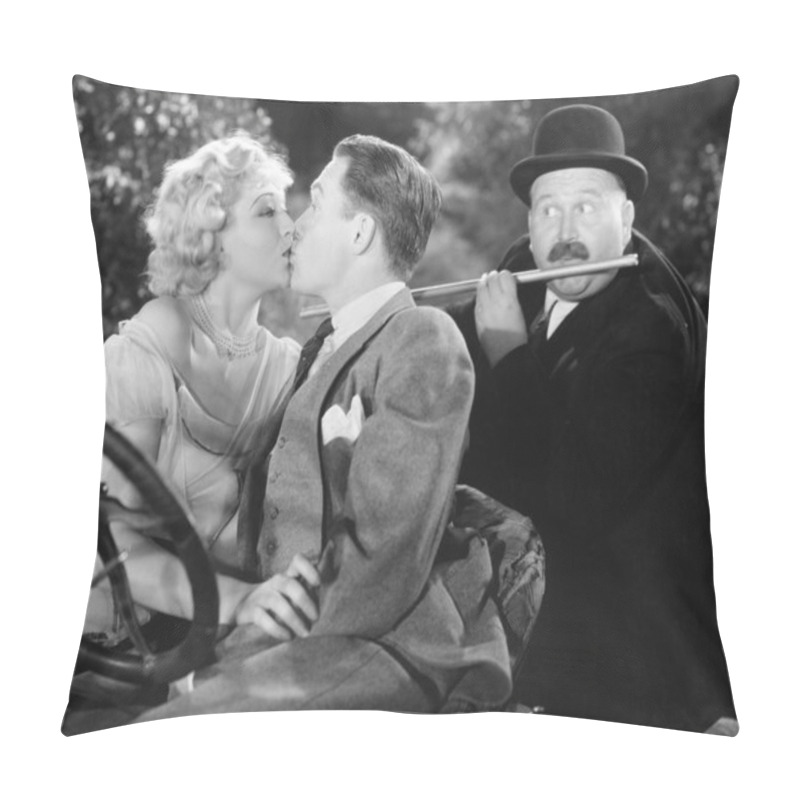 Personality  Young Couple Kissing Each Other Affectionately While A Man Is Playing Flute Pillow Covers