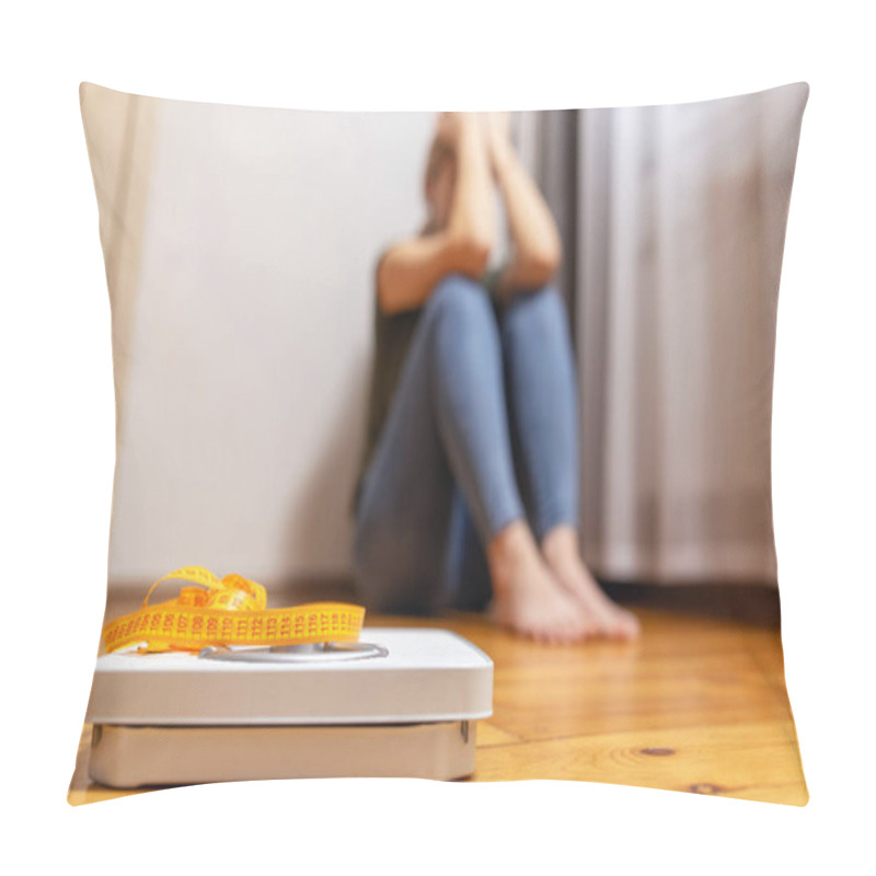 Personality  White Scale And Depression, Upset And Sad Woman With Measuring Tape On Wooden Floor. Pillow Covers