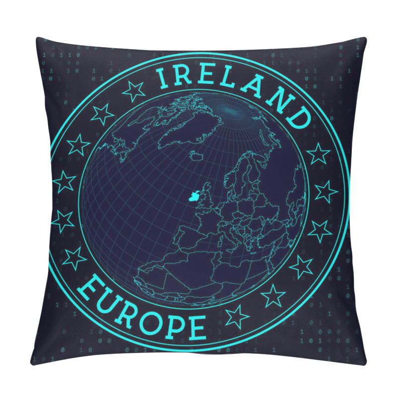 Personality  Ireland Round Sign. Futuristic Satelite View Of The World Centered To Ireland. Country Badge With Map, Round Text And Binary Background. Beautiful Vector Illustration. Pillow Covers